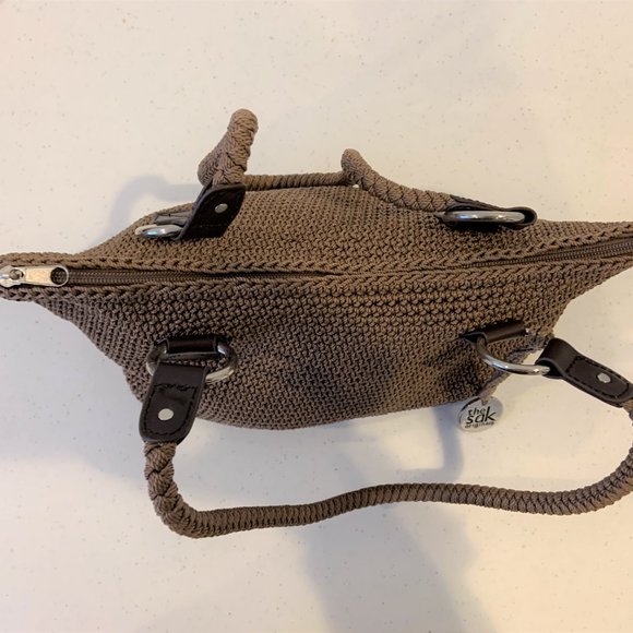 Saks Taupe Brown Crochet Shoulder Bag Tote - Picture 10 of 14